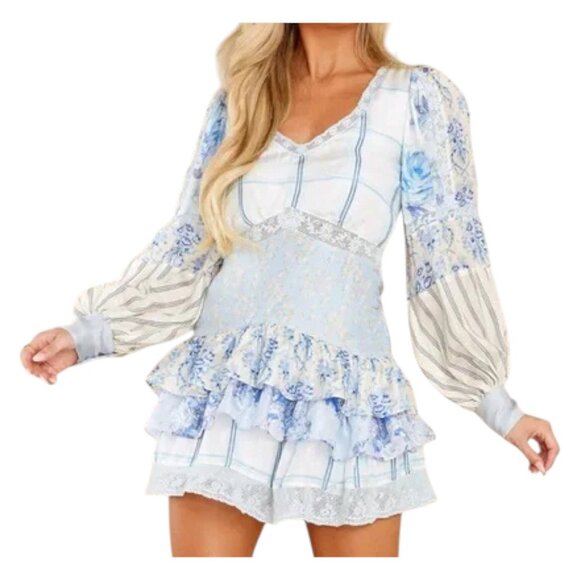 Love Shack Fancy Mini Dress Blue Patchwork Silk Size 10 - Picture 8 of 11